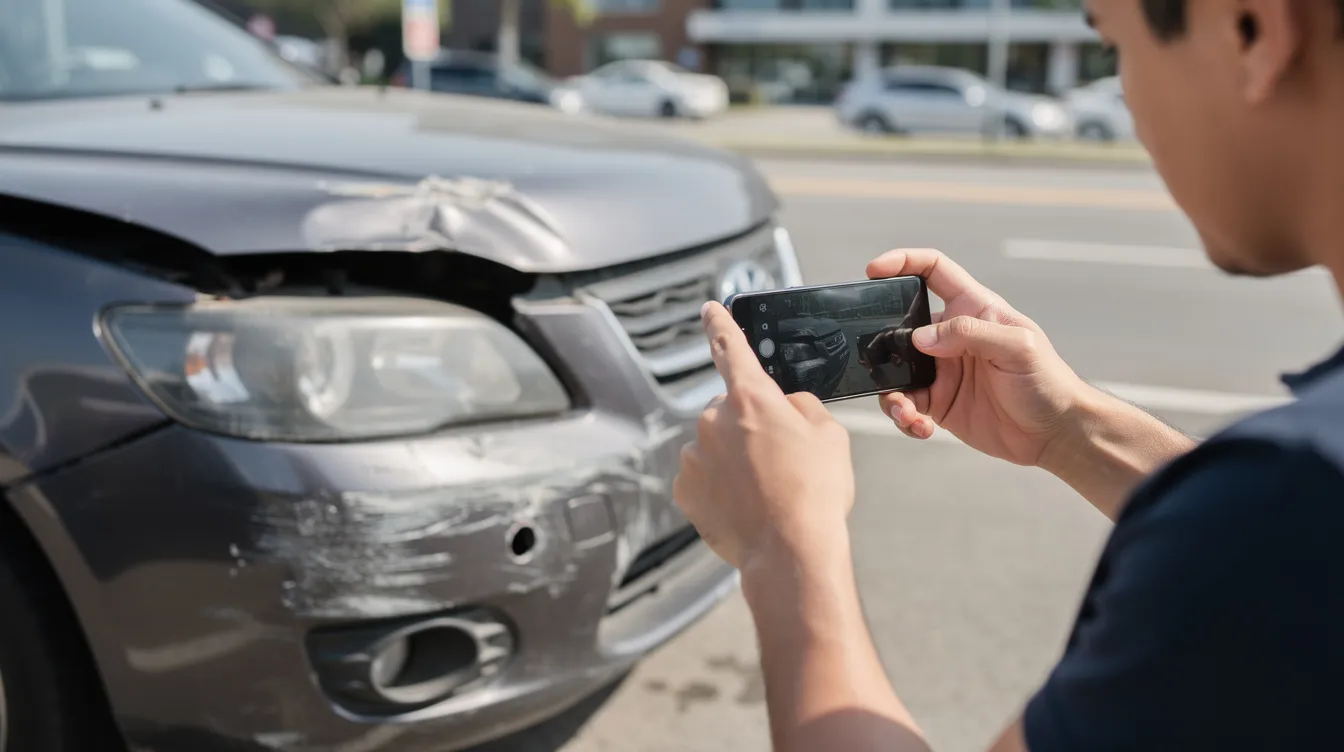 The image shows a person holding a smartphone to capture photos of vehicle damage at the accident scene, which is essential for documenting the incident for an insurance claim. This evidence can help navigate the claims process with the other driver's insurance company and support any potential personal injury claim.
