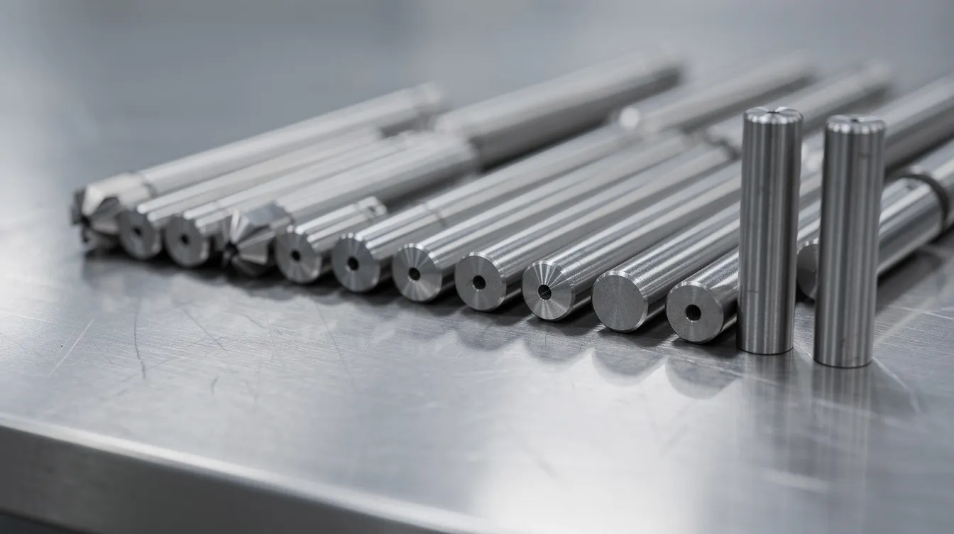 The image shows an array of precision core pins and ejector sleeves of various diameters neatly arranged on a metallic workbench, highlighting essential mold components used in the injection molding process. The diverse sizes of black ejector pins and sleeves suggest their role in part ejection and the overall efficiency of the molding process.