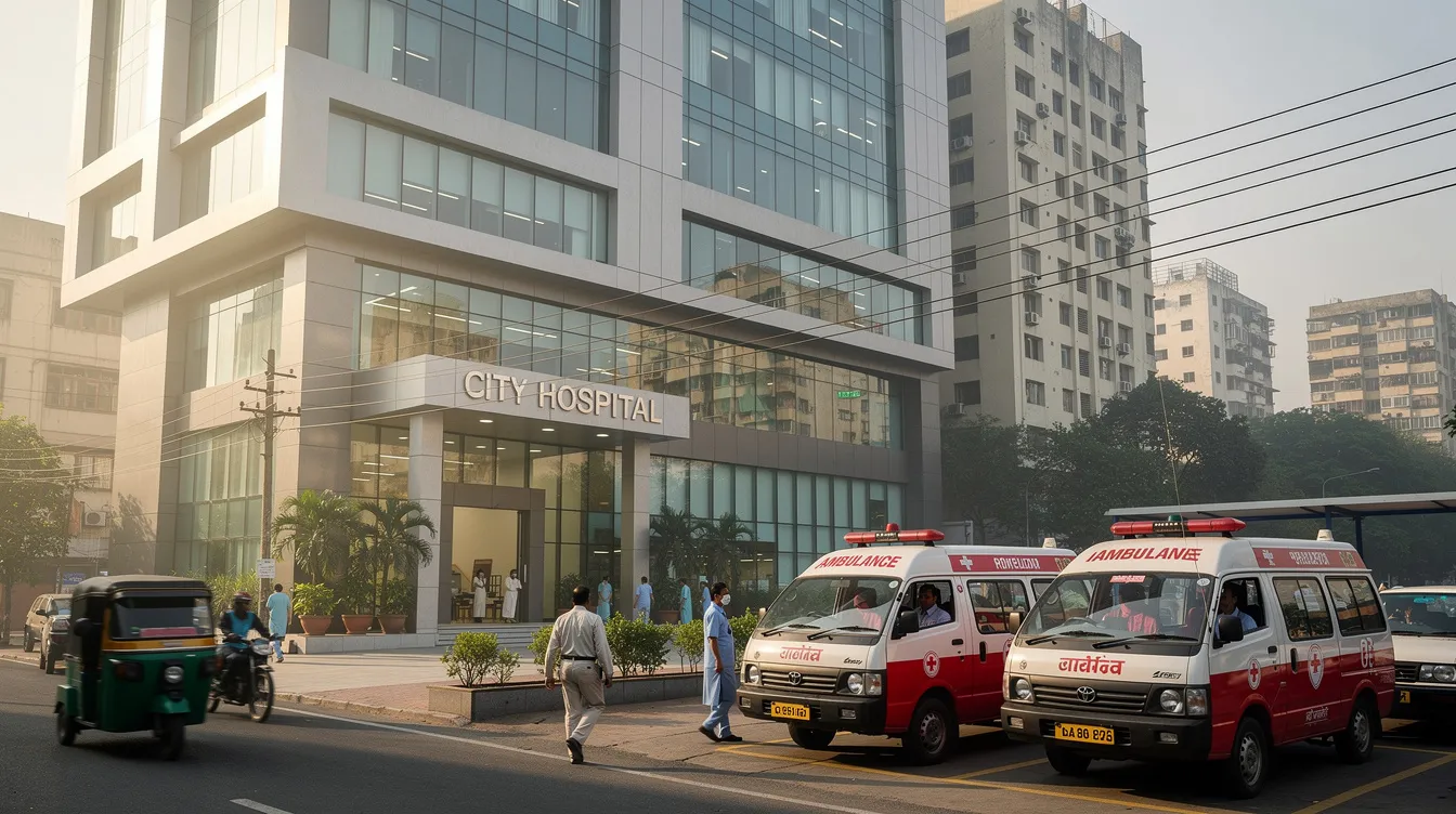 The image depicts a modern hospital building with a sleek glass facade and an ambulance bay, situated in an Indian city. This facility is likely involved in providing essential cancer treatment and care for needy cancer patients, including those from underprivileged backgrounds.
