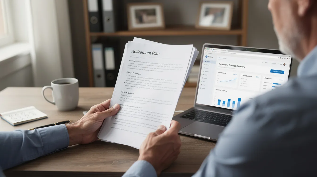 The image depicts a person sitting at a desk, intently reviewing retirement documents alongside a laptop, which suggests they are planning their financial future. This scene reflects the importance of understanding retirement savings options, such as gold IRAs and precious metals, to secure a stable retirement account.