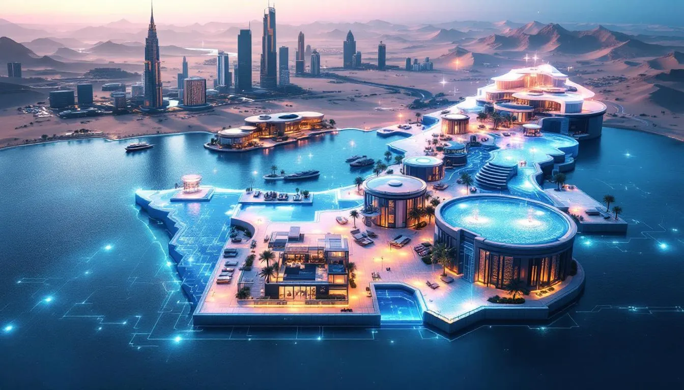 A map of the UAE highlighting service areas for swimming pool maintenance.