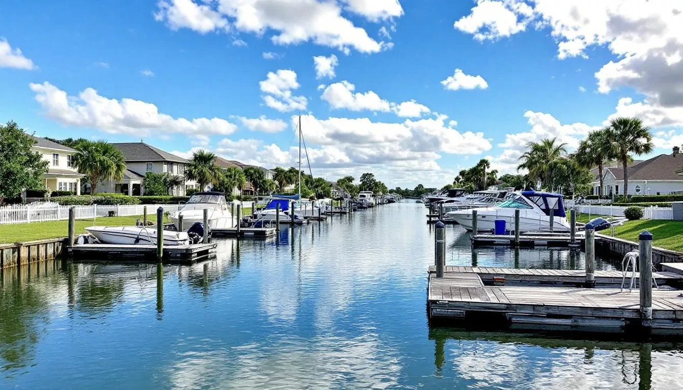 The image showcases serene community canal views in North Fort Myers, with several boats docked at private piers, highlighting the waterfront lifestyle. This picturesque scene reflects the charm of Waterway Estates, a desirable neighborhood for homes for sale in North Fort Myers, FL.