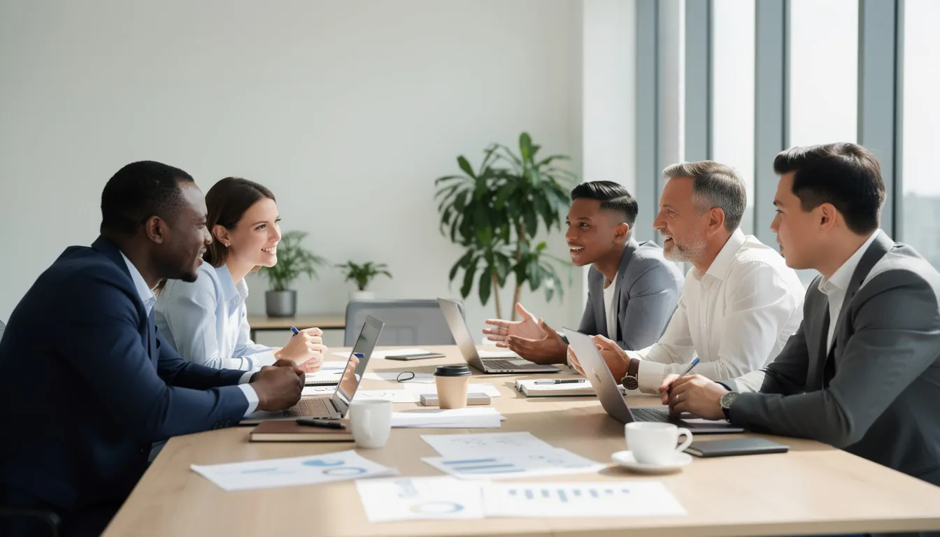 A diverse team is engaged in a lively discussion around a table in a bright meeting room, fostering personal growth and sharing valuable insights to break free from limiting beliefs. The supportive environment encourages self-reflection and the development of strategies for achieving personal and professional goals.