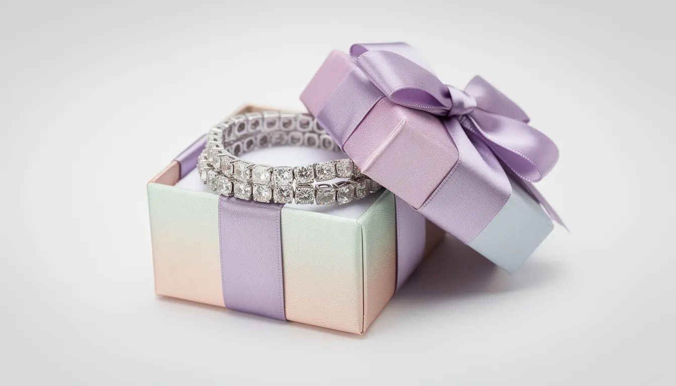 The image features a beautifully wrapped gift box adorned with a ribbon, revealing a stunning gemstone bracelet inside. The bracelet is crafted with various precious and semi-precious gemstones, including rose quartz and garnet gemstones, reflecting light and showcasing their vibrant colors.