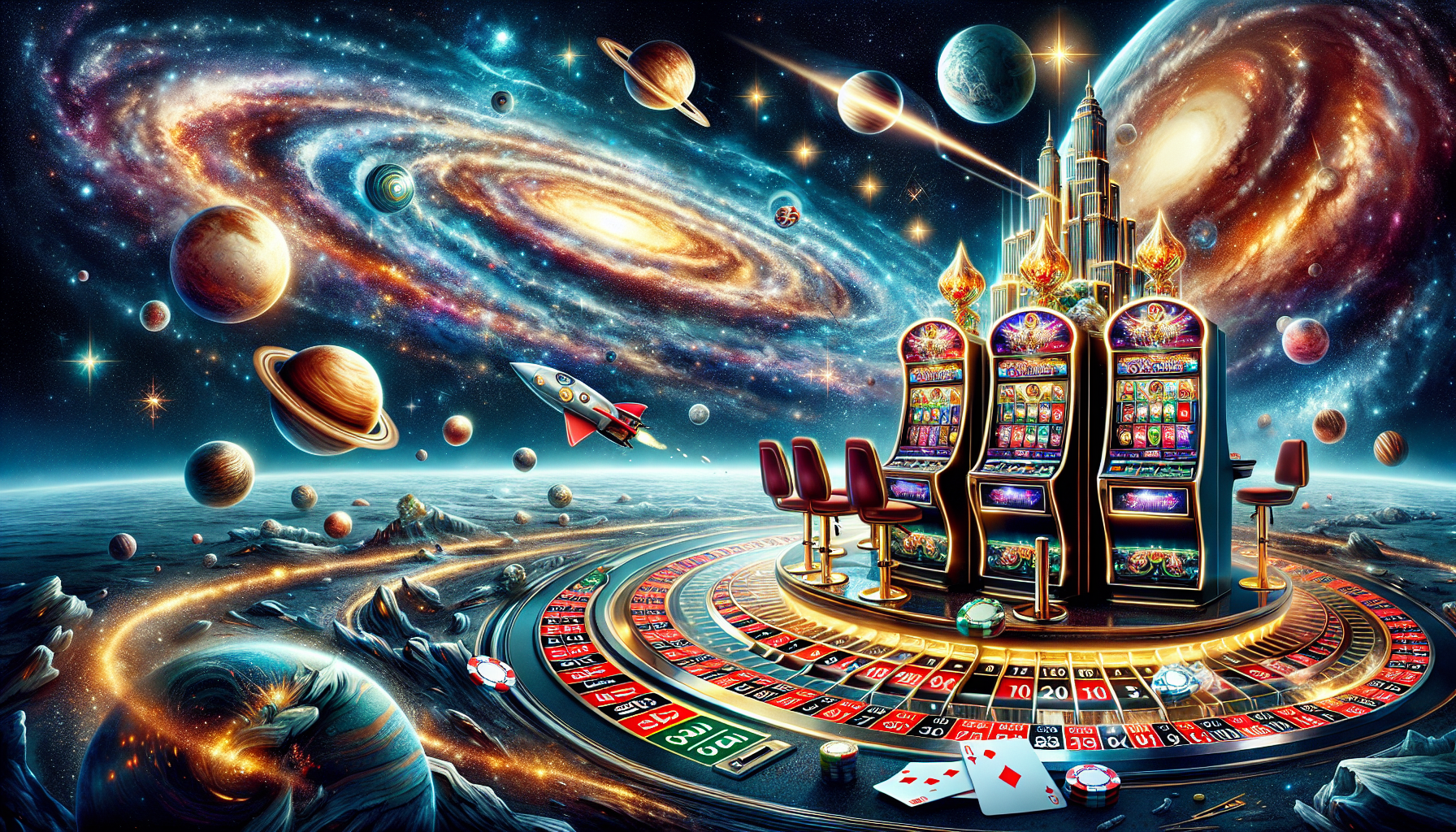 Illustration du thème spatial avec des éléments de casino pour Space Fortuna Casino