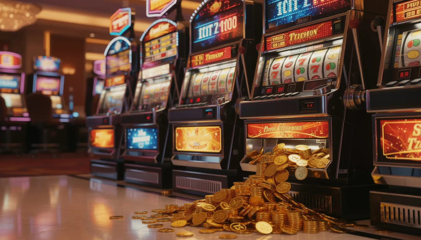 En färgglad bild av spelautomater i ett casino, med lysande ljus och guldmynt som glittrar i miljön. Spelautomaterna erbjuder en rad olika casino spel, perfekt för dem som vill uppleva spänningen av jackpot city casino.