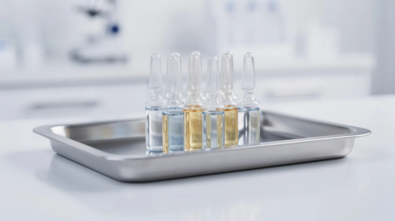 The image features several small medical vials containing botulinum toxin, arranged neatly on a stainless steel tray in a clinical environment, highlighting their use in botox treatments for reducing facial wrinkles. This setting suggests a focus on skin health and cosmetic procedures aimed at achieving younger-looking skin.