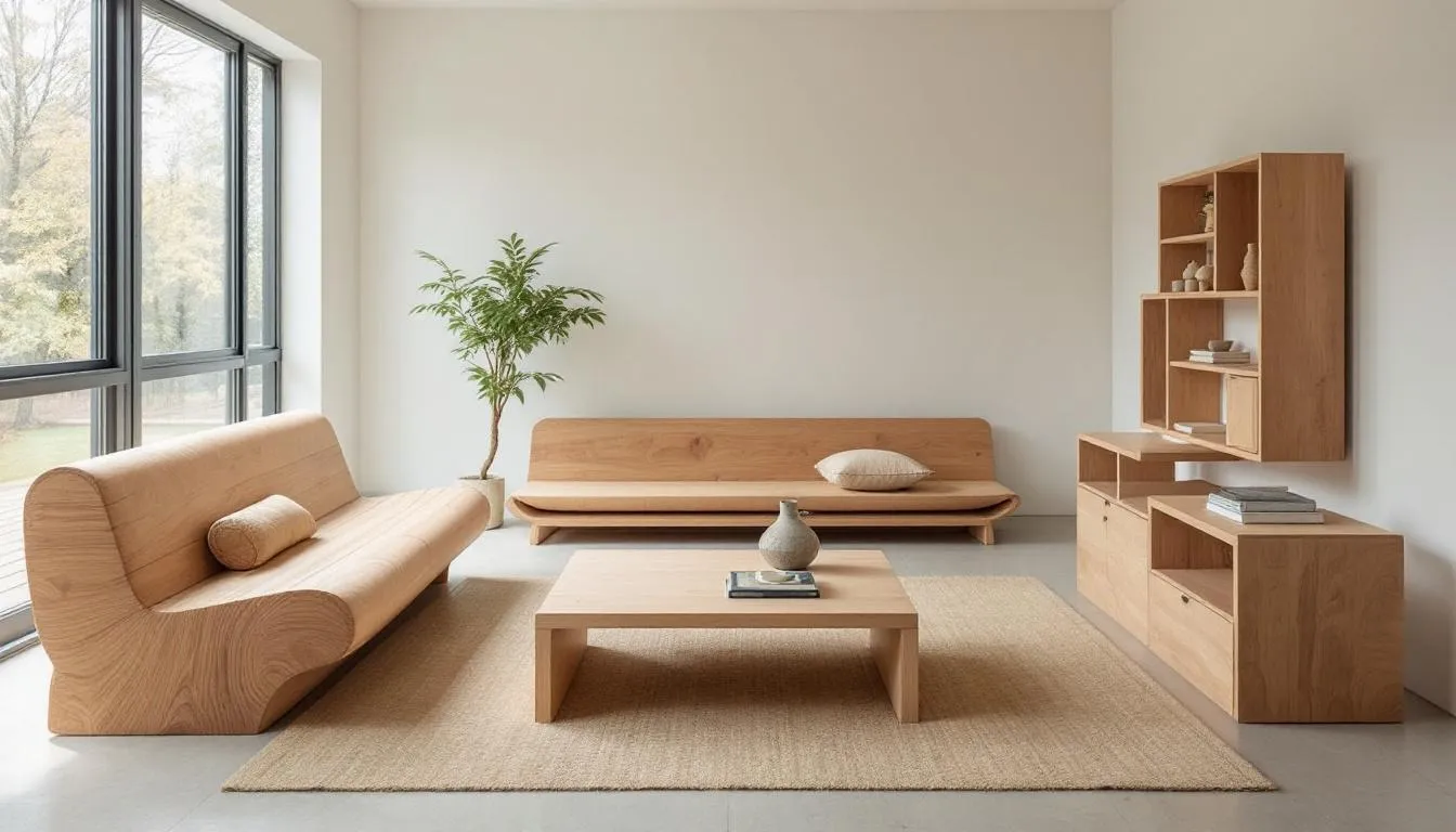 Upcycled wooden sauna components transforming into furniture.