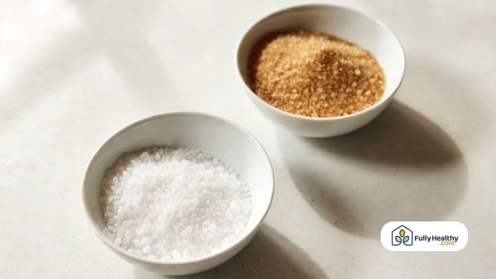 Bowls of white salt and brown sugar showing their visual differences.