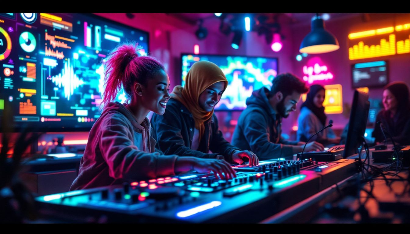 A diverse group of students participating in an electronic music production program.