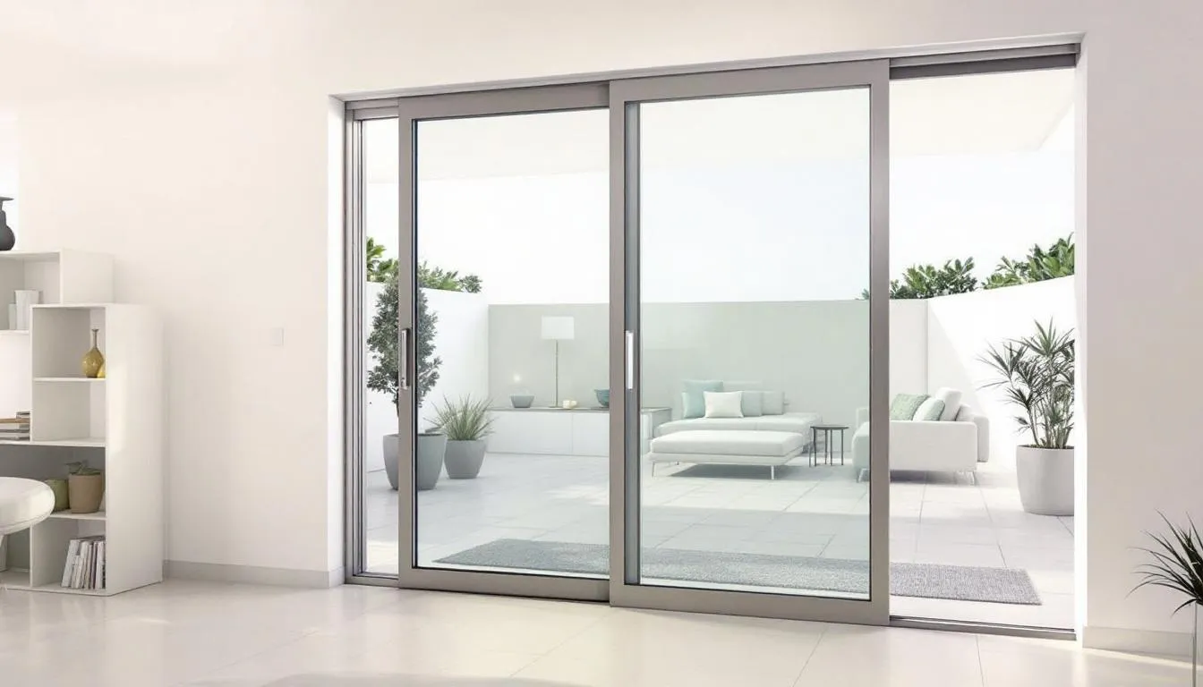 Een modern interieur met een aluminium schuifpui die een naadloze overgang naar het terras biedt, waarbij de slanke profielen en driedubbele beglazing zorgen voor optimale thermische isolatie en energie-efficiëntie. De stijlvolle verbinding tussen binnen- en buitenruimtes creëert een comfortabele en esthetische leefomgeving.