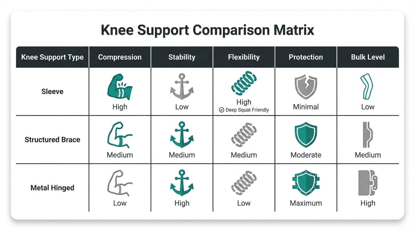 Comparison Table: Hinged Brace vs Sleeve vs Structured Brace