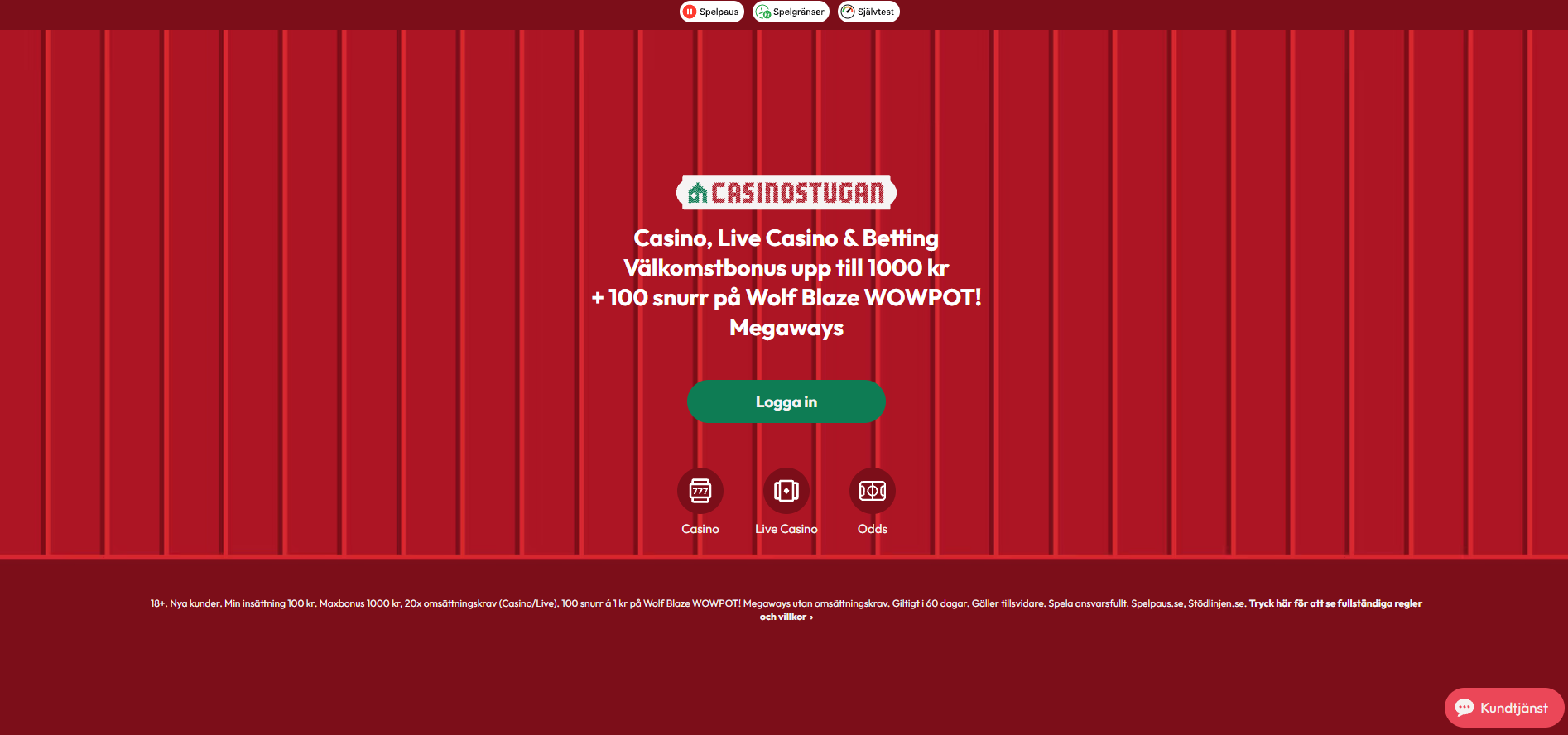 Casinostugans startsida med välkomstbonus, casino, live casino och betting.