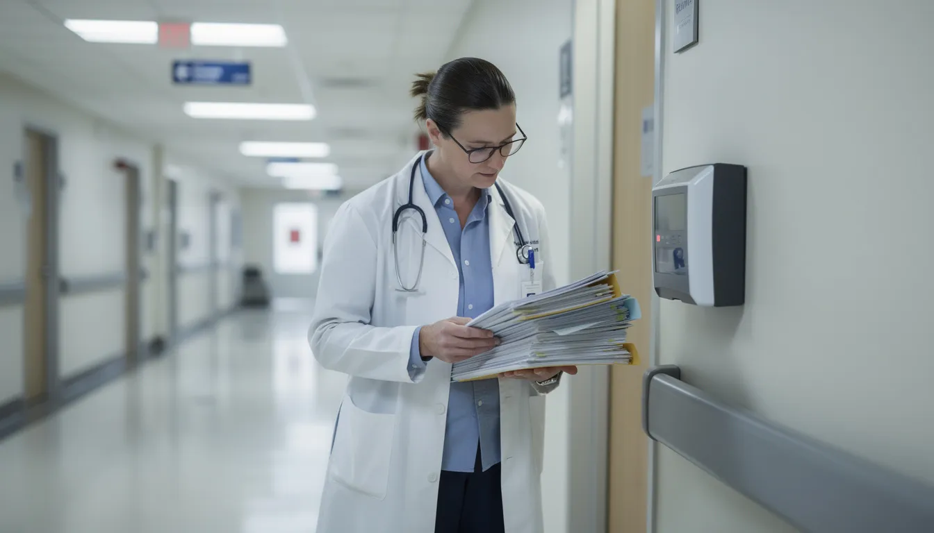 The image shows a physician in a hospital hallway, intently examining medical charts, which may contain important medical records related to patient care. This scene highlights the critical role of healthcare providers in ensuring accurate diagnoses and preventing medical errors that could lead to medical malpractice claims.