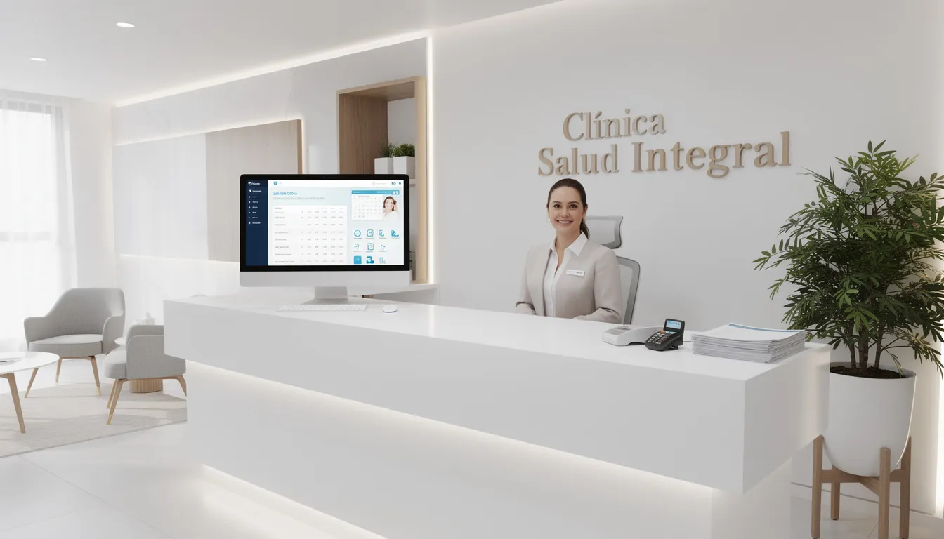 Imagen de una recepción moderna de clínica, donde se observa una computadora y un sistema de gestión que facilita el proceso de atención al paciente. El ambiente es acogedor y está diseñado para proporcionar información clara sobre los procedimientos y servicios médicos disponibles.
