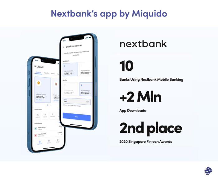 Nextbank's mobile app interface by Miquido,boasting 2 million downloads and a 2nd place at the 2020 Singapore Fintech Awards