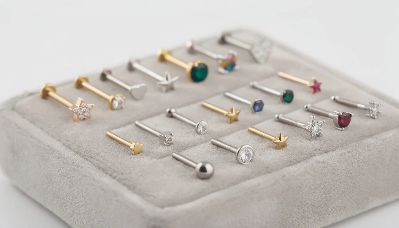 The image showcases a collection of nose studs, featuring a variety of designs including classic ball studs and playful shapes like stars and hearts, all crafted from materials such as gold, silver, and titanium. Some studs are adorned with sparkling gems or cubic zirconia, adding elegance and personality to this versatile nose piercing jewellery.