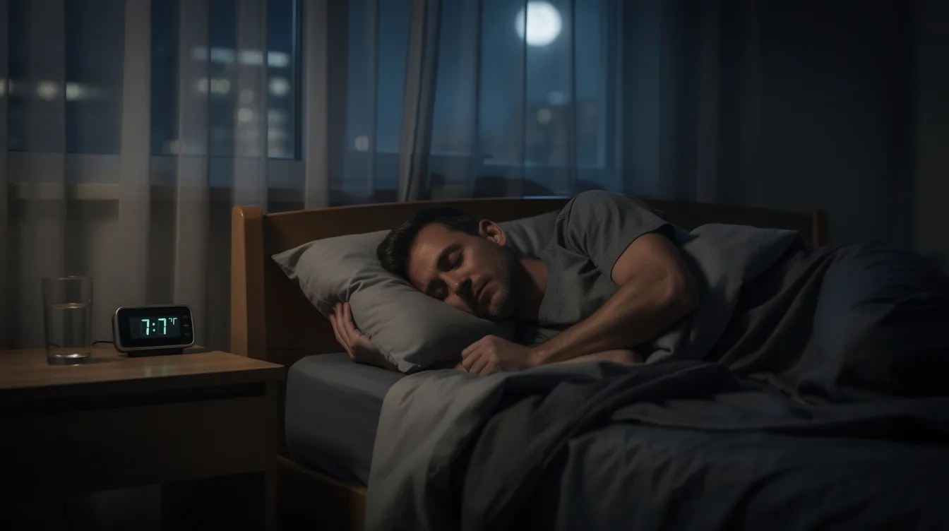 A man is sleeping peacefully in a dark bedroom, with a soft glow from an alarm clock on the nightstand, suggesting a serene environment conducive to restful sleep, which is essential for maintaining healthy testosterone levels and overall wellness.