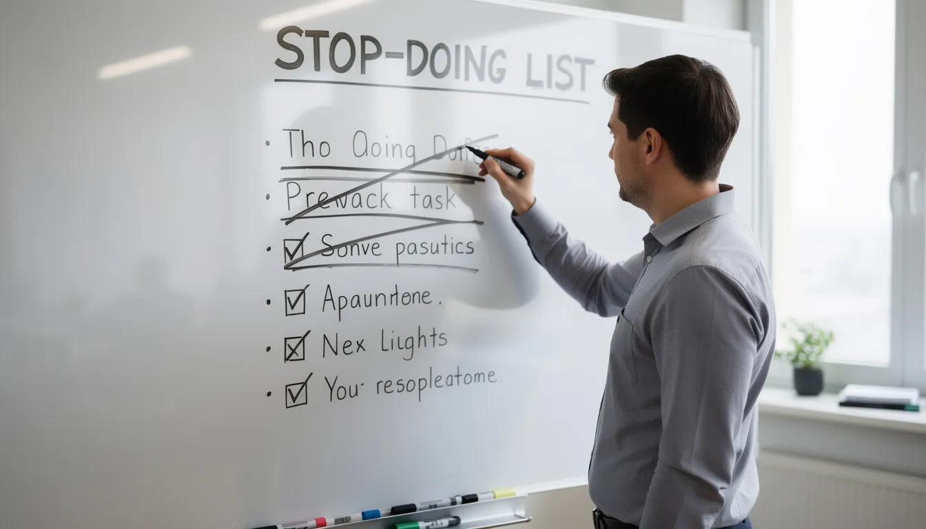 A person is confidently crossing off items from a stop-doing list on a whiteboard, illustrating the importance of clarity and focus in their business strategy and growth. This act of reflection and execution highlights the challenge of prioritizing tasks to create momentum and success in life and projects.