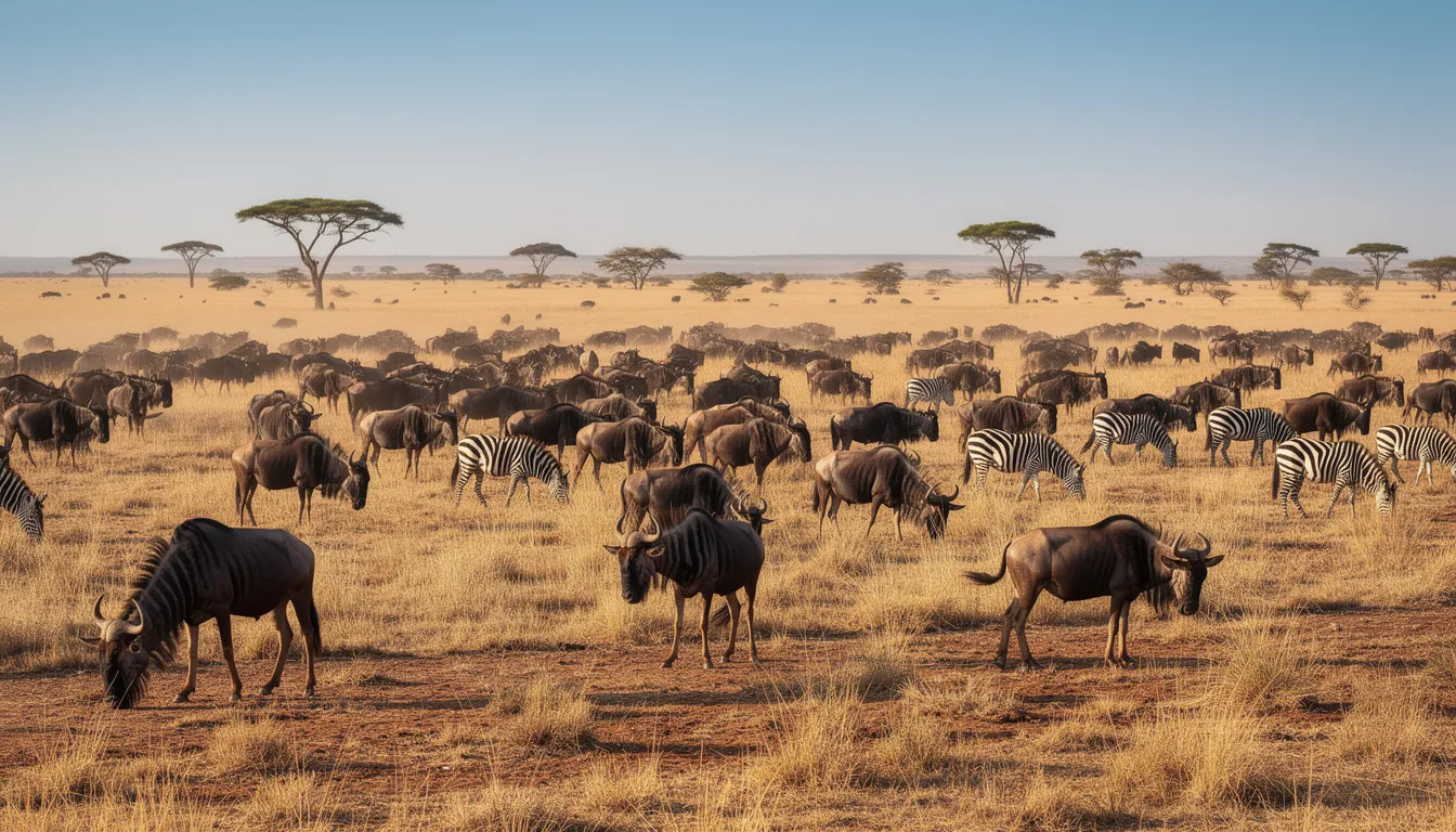 A wide view showcases large herds of wildebeest and zebras grazing on the golden savanna grasslands of Serengeti National Park in Tanzania, with acacia trees dotting the distant horizon. This picturesque scene captures the essence of the Serengeti ecosystem, highlighting the vast plains that are home to migratory animals during the great migration.