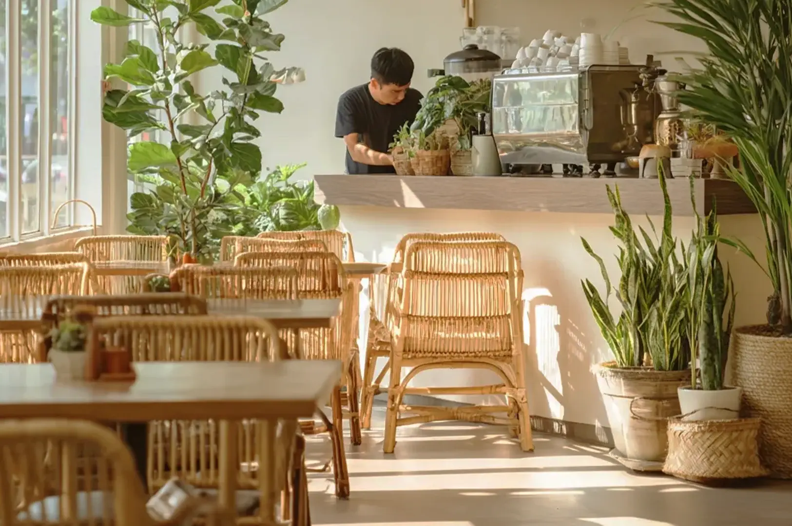 A sunlit, tranquil café interior in Tiong Bahru amongst the best cafes for relaxing,  highlighting the district's aesthetic appeal and relaxed atmosphere that makes it a prime destination for Singapore's work-friendly café culture.