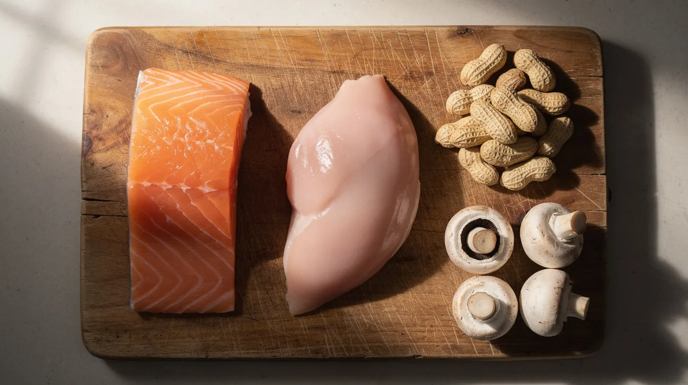 The image features a wooden cutting board with fresh salmon, chicken, peanuts, and mushrooms artfully arranged, showcasing a variety of nutrient-rich foods that promote cellular health and energy metabolism. This colorful display highlights the importance of a healthy lifestyle and the potential health benefits of incorporating diverse proteins and nutrients into one&rsquo;s diet.