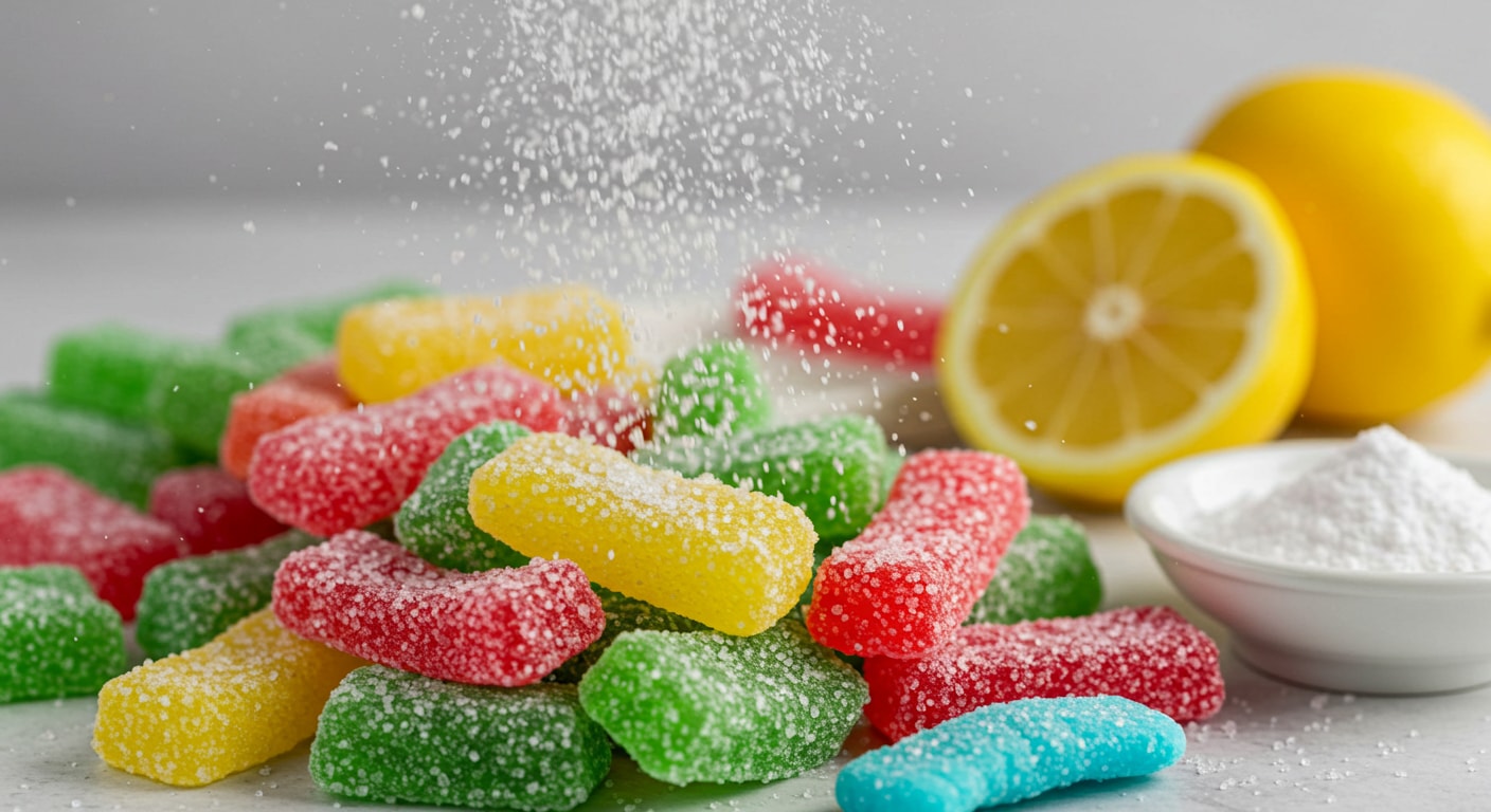 Food acids being sprinkled over sour gummy candies to enhance their tangy, mouth-puckering flavor