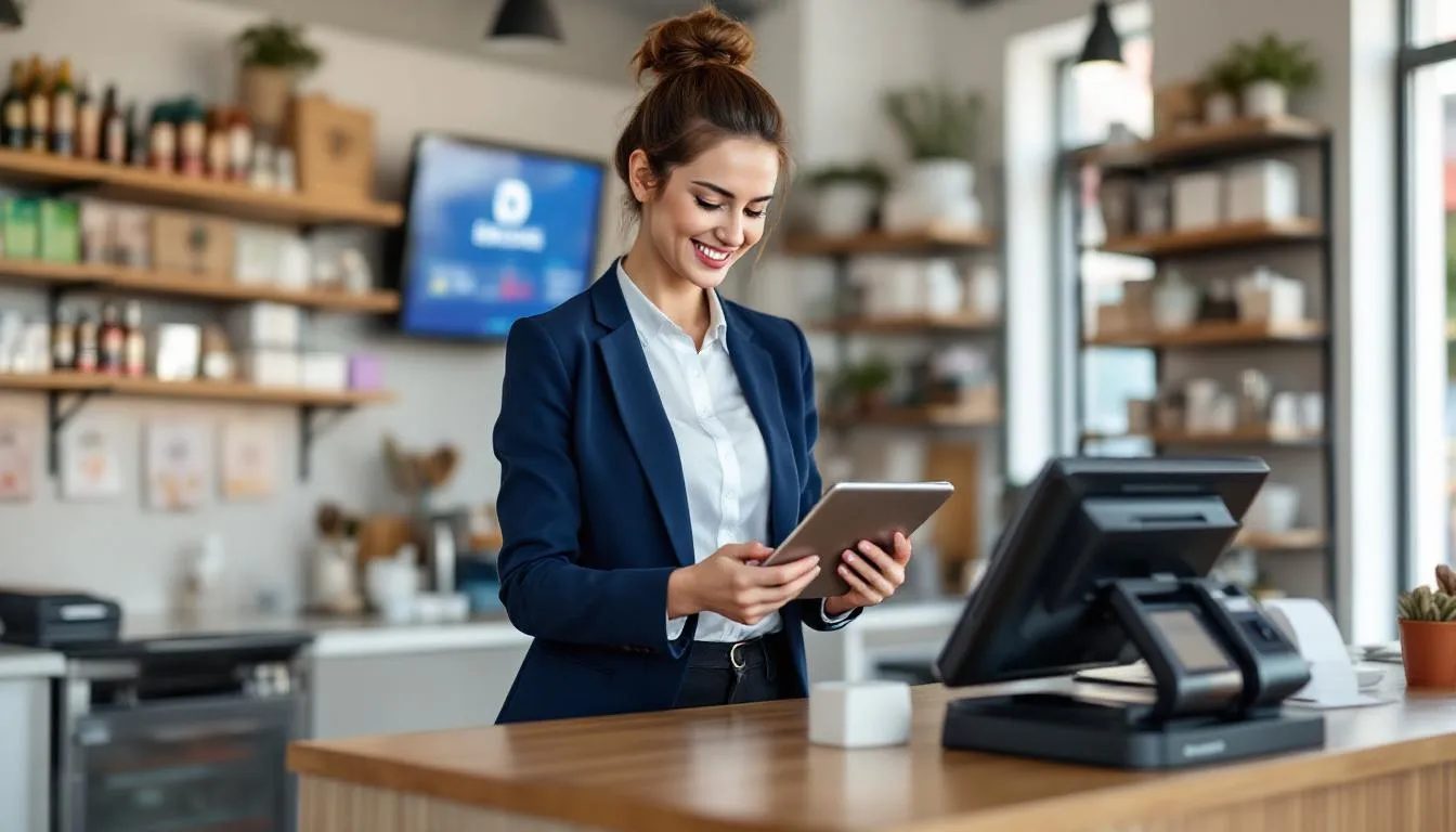 In the image, a modern small business owner is engaging with customers in their local shop while using a tablet to manage transactions and inventory, showcasing the integration of technology in today's retail environment. This scene highlights how local businesses are adapting to meet the needs of consumers and stay competitive in the market.