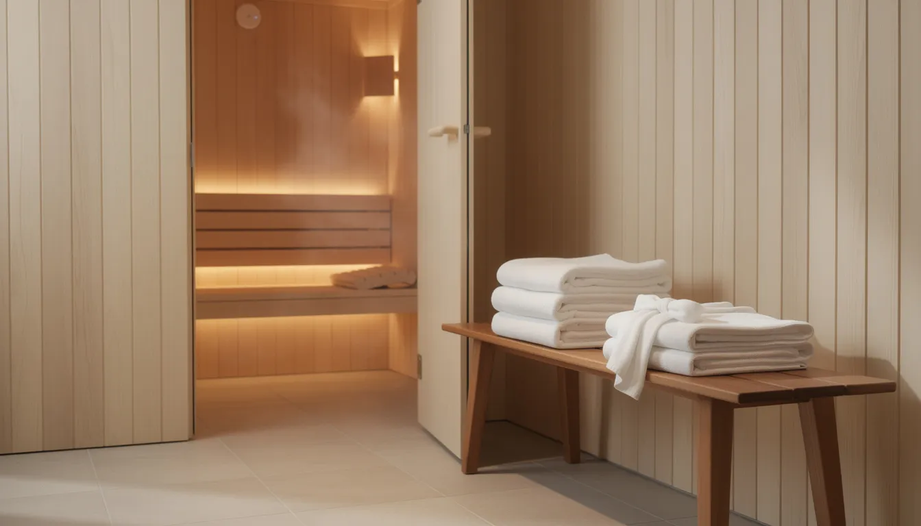 The image shows clean towels and simple cotton clothing neatly arranged near the entrance of a sauna, inviting individuals to prepare for their first infrared sauna session. This setup emphasizes the importance of comfort and hygiene in enhancing the infrared sauna experience and promoting relaxation.