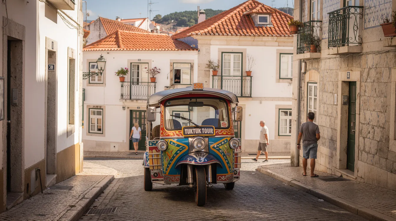 Um tuk-tuk colorido percorre as ruas de Lisboa, a capital de Portugal, com vistas deslumbrantes do rio Tejo ao fundo. Ao lado, é possível ver o famoso Mosteiro dos Jerónimos e os visitantes desfrutando de um pastel de nata em um dos encantadores bairros da cidade.
