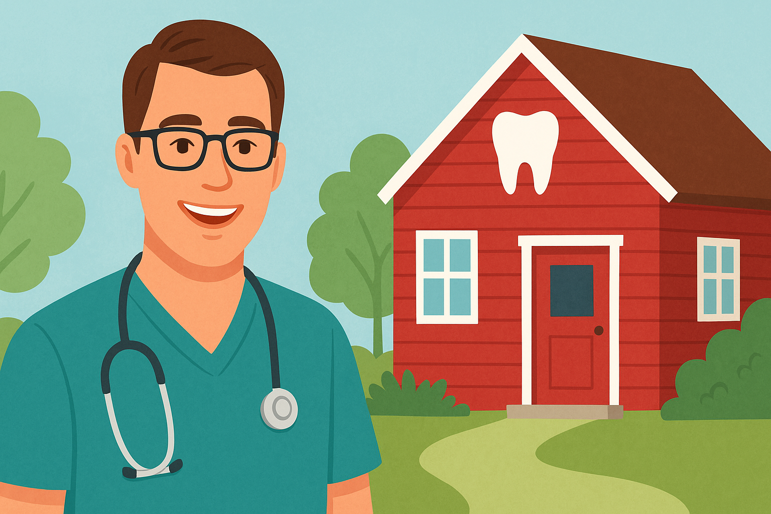Smilende tannlege foran rød trebygning med tannsymbol i grønt landskap, illustrerer lokal trygghet og faglig ekspertise. oslo bestill under velkommen trygg råd dersom beste pris gode vårt innen dyktige topp pasientene tann les mye hjelper finn sykdom