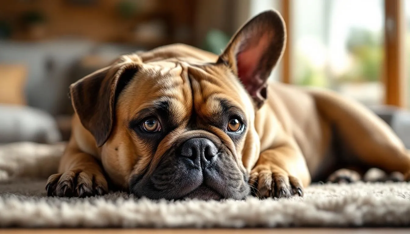 A French Bulldog is lounging comfortably indoors, showcasing its droopy ears and calm demeanor, typical of lazy dog breeds. This affectionate dog breed is known for its low energy and makes a great companion for pet parents looking for a couch potato.