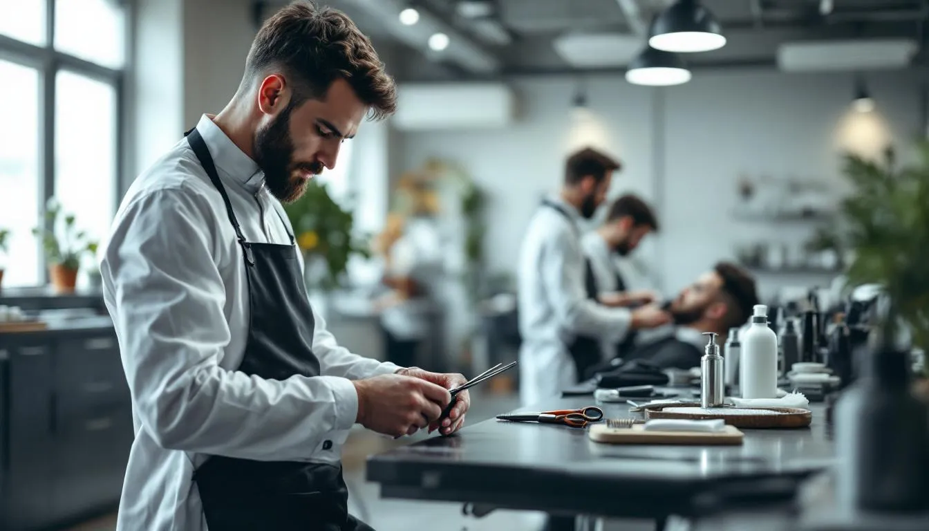 En la imagen se observa a barberos profesionales trabajando en una barbería moderna y organizada, atendiendo a clientes que reciben servicios de corte y cuidado personal. El ambiente refleja un enfoque en la calidad y la experiencia del cliente, con un equipo bien equipado y una atmósfera acogedora.