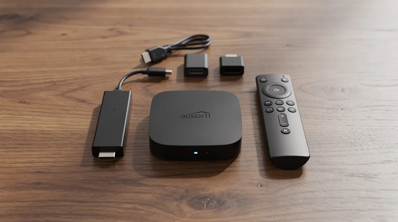 The image shows a collection of streaming devices on a wooden table, including a remote control and a small streaming stick, which are essential for accessing IPTV Canada services and enjoying high-quality streaming of entertainment channels. This setup is ideal for Canadian IPTV users looking to enhance their viewing experience.