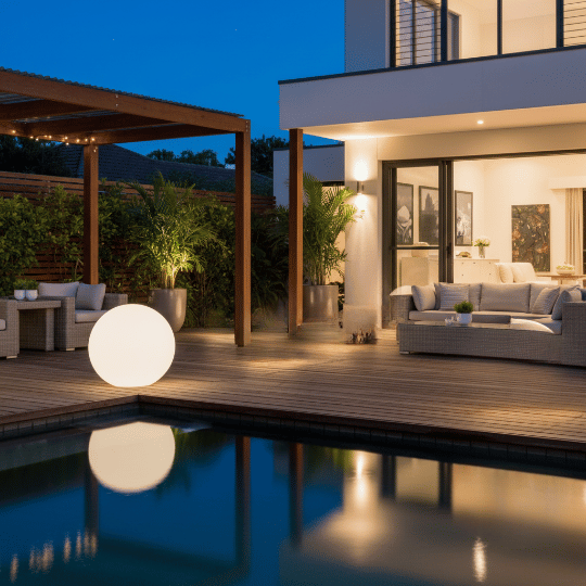 Decorative outdoor globe light fixtures used for modern deck lighting.