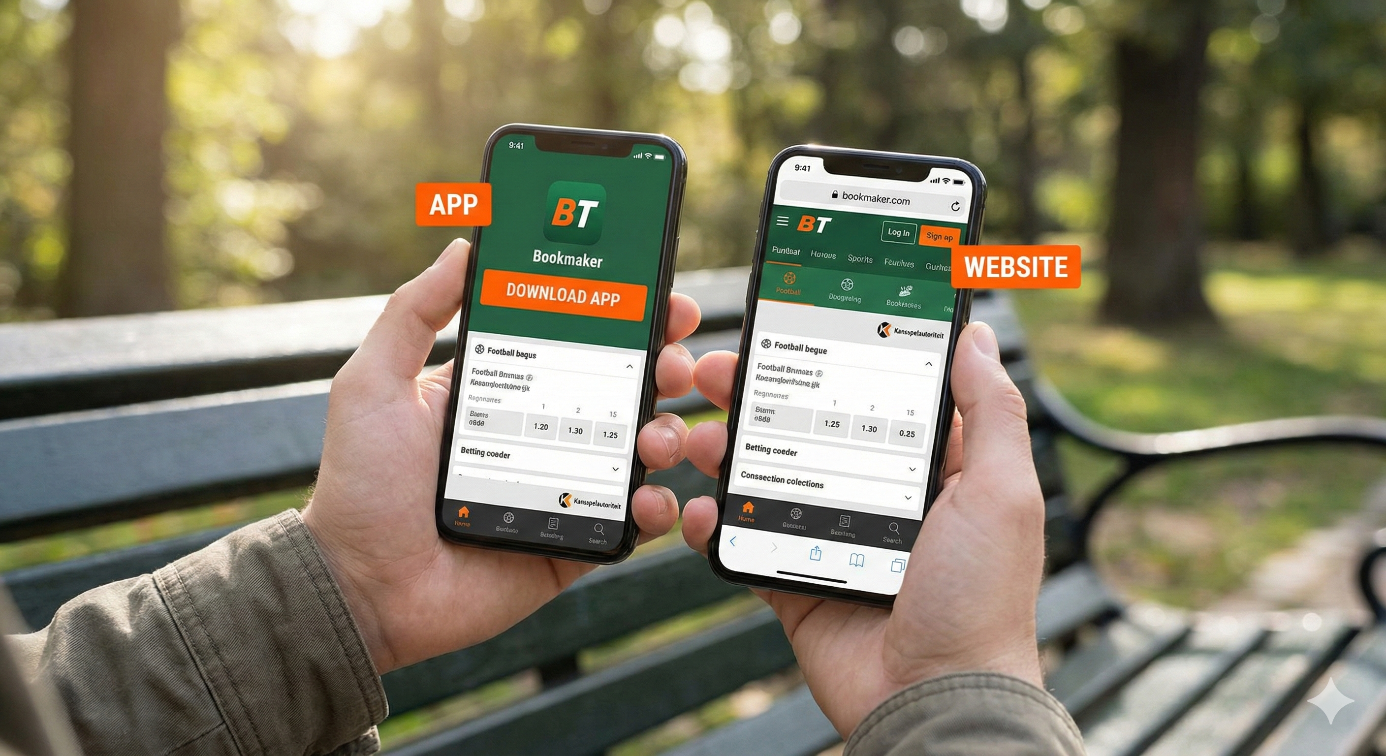 Twee smartphones met bookmaker app en website voor mobiel wedden in park.