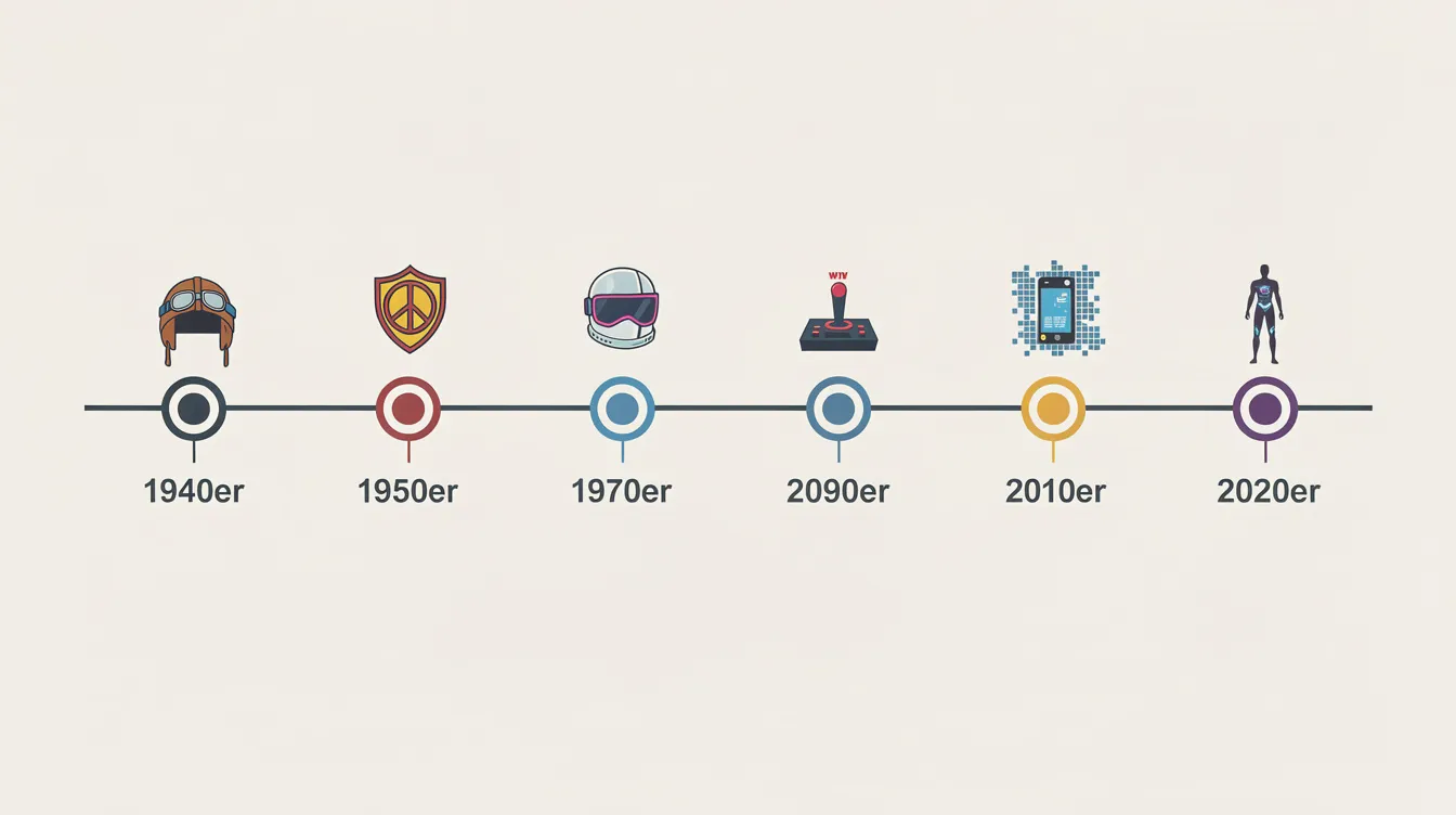 Ein horizontaler Zeitstrahl zeigt die Entwicklung des Marvel Cinematic Universe von den 1940er Jahren bis in die 2020er, mit kleinen Symbolen, die verschiedene Superhelden wie Spider-Man, Iron Man und Captain America an ihren jeweiligen Zeitpunkten markieren. Diese Übersicht verdeutlicht die Reihenfolge der Filme und Serien sowie die bedeutenden Phasen des Marvel-Universums.