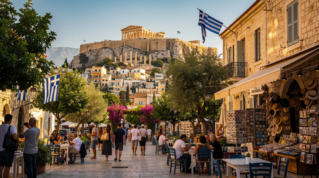 Imagem mostrando a cidade de Atenas, na Grécia, com destaque para o icônico Templo de Partenon ao fundo, simbolizando a rica história e cultura da Grécia antiga. A cena captura a arquitetura clássica e o clima mediterrâneo, convidando os turistas a explorar os destinos históricos e a vibrante vida noturna da capital grega.
