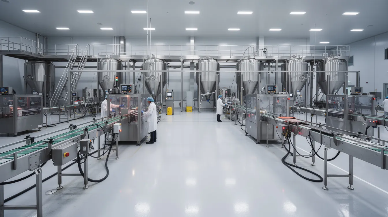 4922712a 0499 4890 91a8 1030a4739fd4 The image depicts a modern food processing factory interior, showcasing sleek stainless steel machinery and conveyor belts designed for the puffed rice production process. This facility highlights the advanced manufacturing techniques used in food processing units, essential for meeting the growing demand in the snack foods market.
