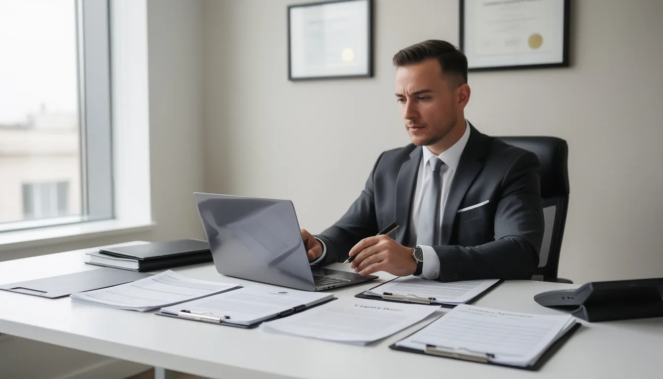A professional attorney is seated at a modern desk, focused on a laptop surrounded by legal documents, symbolizing the intersection of legal services and digital marketing strategies such as search engine optimization for law firms. This image reflects the importance of online visibility and effective SEO efforts in attracting prospective clients within the legal industry.