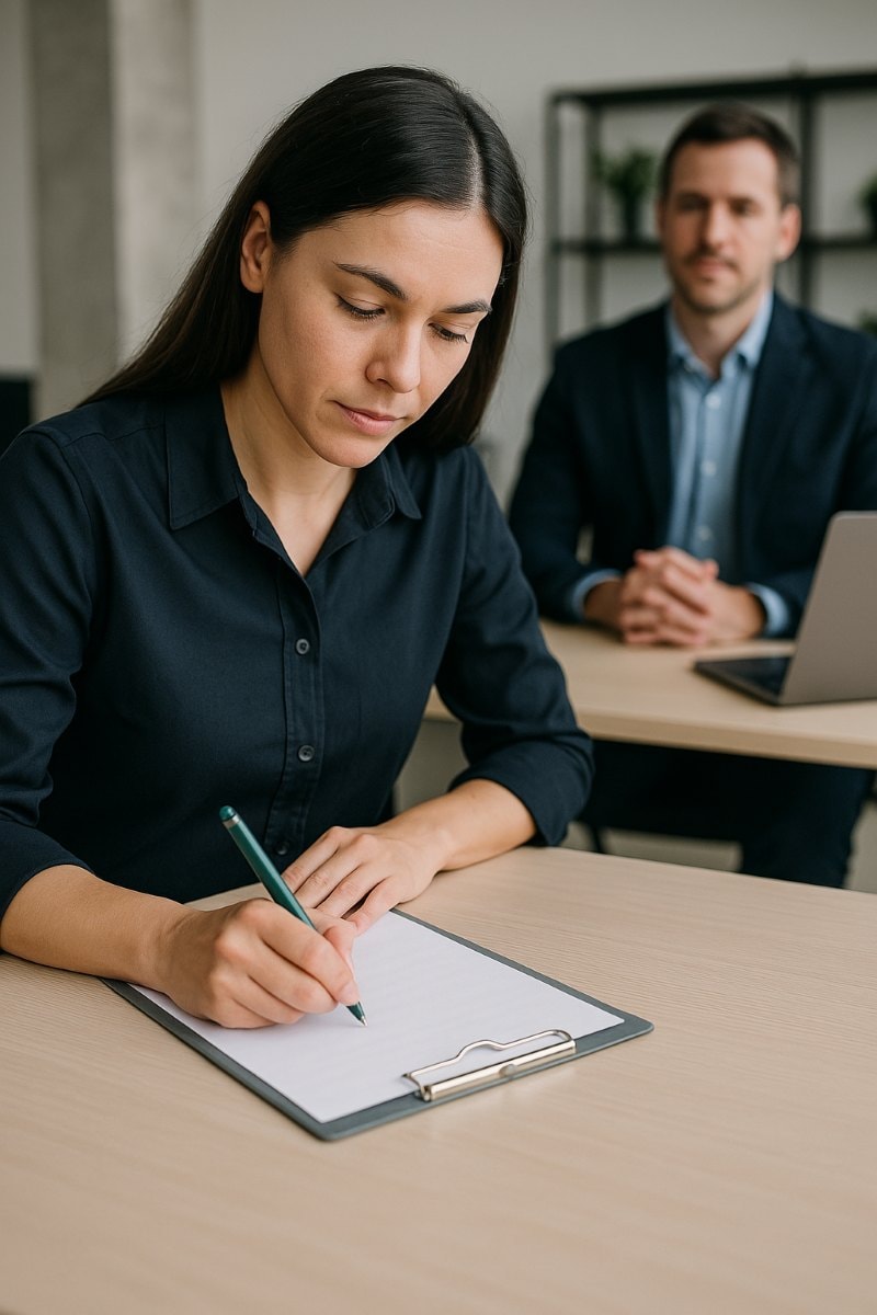 A woman sits at a desk completing a written skills assessment on a clipboard during a job interview. She wears a dark blue shirt and is focused on the task, while a professionally dressed interviewer observes in the background. The setting is a modern office with a clean, minimalist design.