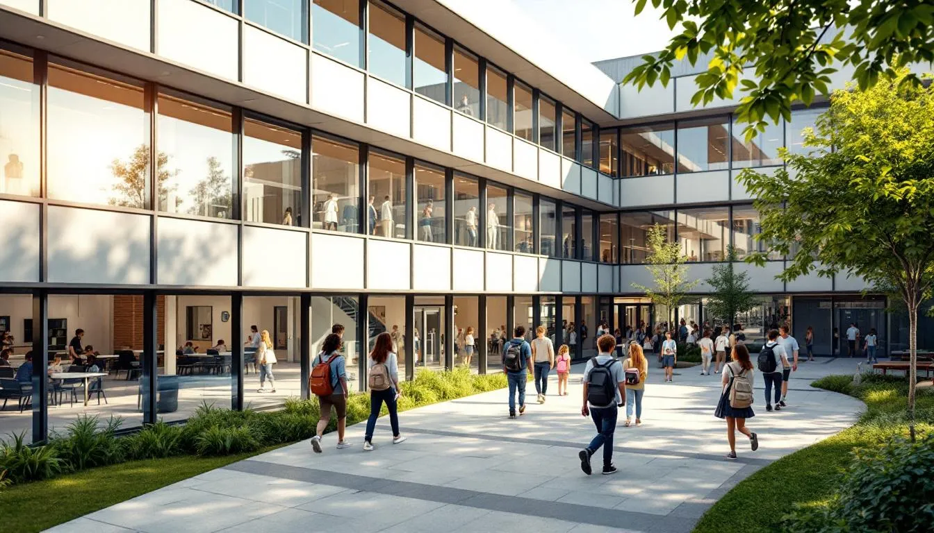 Das Bild zeigt eine Schulumgebung mit Schülern und Schülerinnen, die konzentriert an einem Unterricht teilnehmen. Im Hintergrund sind verschiedene Strukturen des Bildungssystems zu erkennen, die die unterschiedlichen Leistungsstände und Bildungsniveaus der Schüler reflektieren.