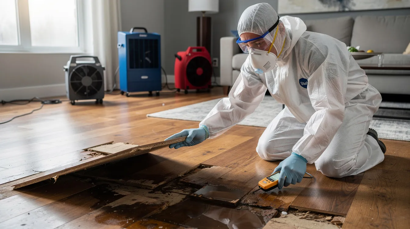 A technician in protective gear inspects water-damaged flooring, assessing the extent of the flood damage and potential mold growth. The scene highlights the importance of emergency water removal and the restoration process in preventing further structural damage.