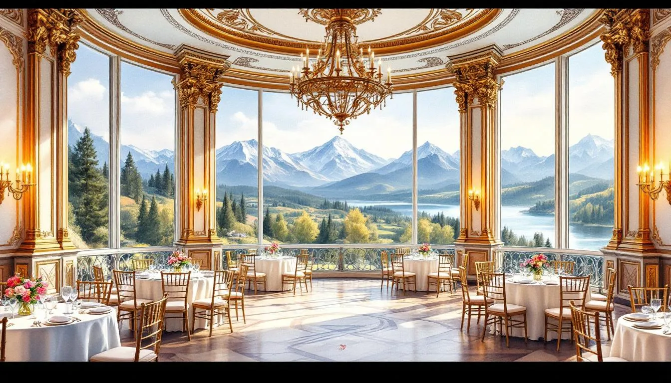 Elegant ballroom setting with luxurious decor, ideal for weddings and receptions.