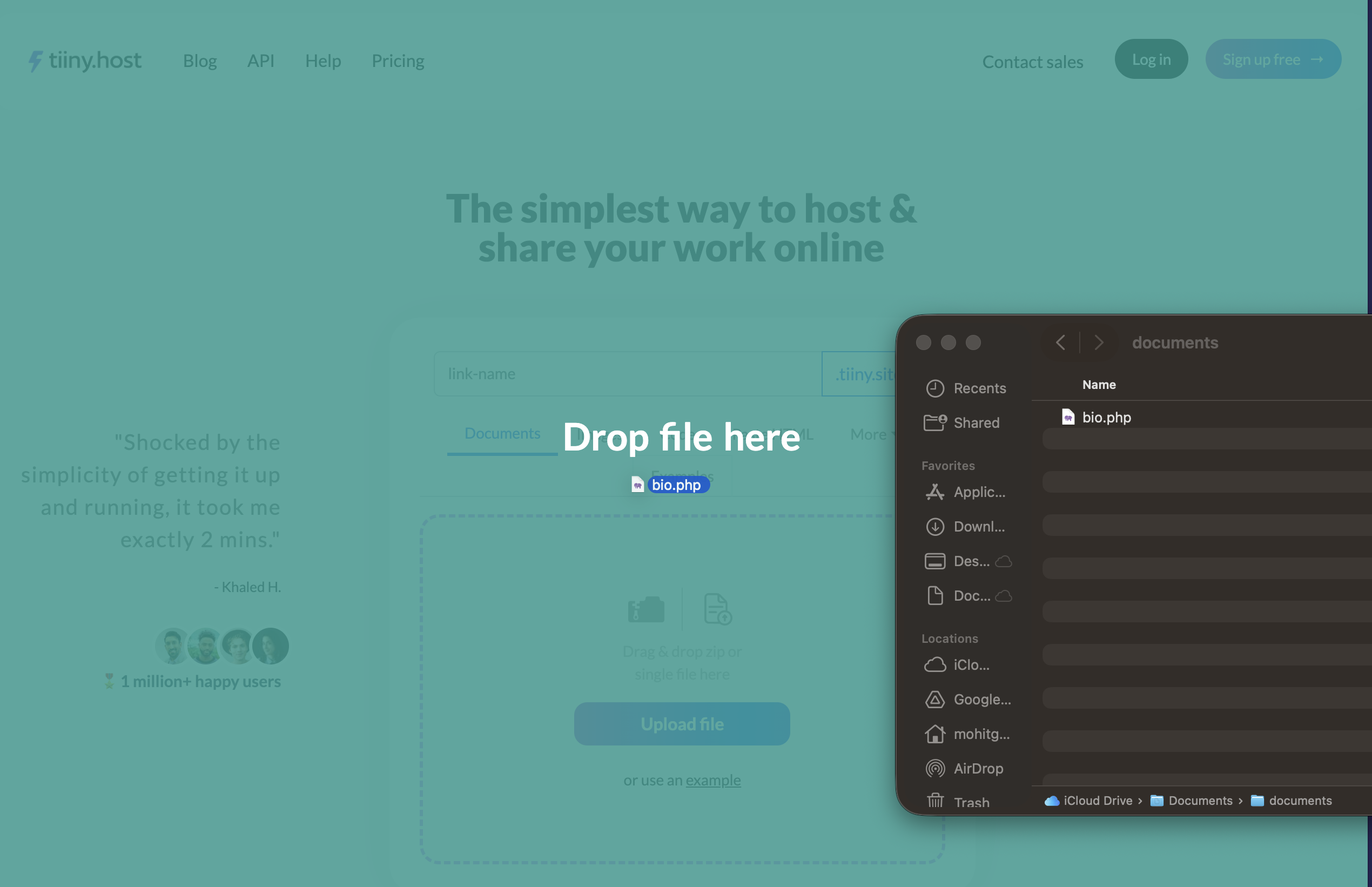 Drag and drop your PHP file onto the TiinyHost website
