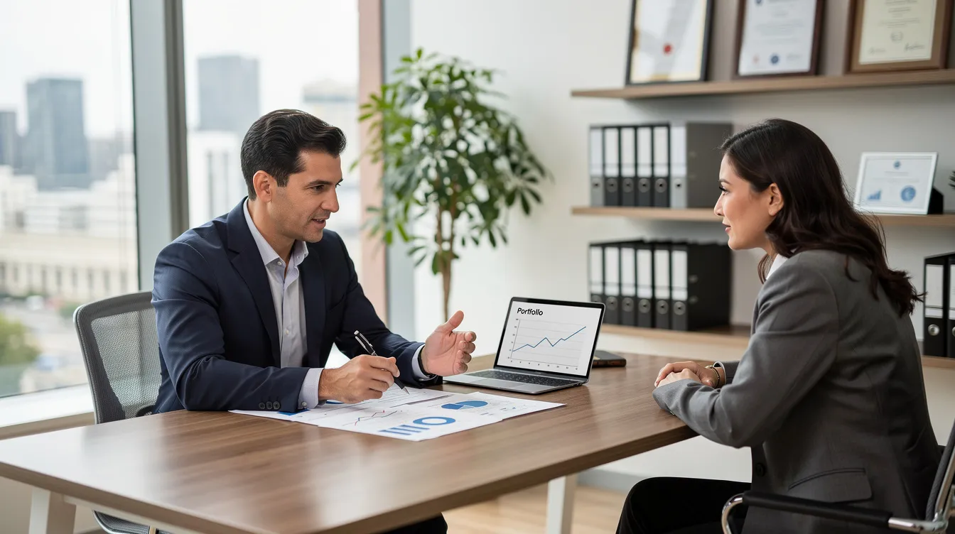 A professional financial consultant is sitting at a desk in an office, discussing financial plans with a client. They are surrounded by documents and a laptop, focusing on topics such as loan applications and repayment options, emphasizing the importance of understanding 二線 清 數 and its implications for personal finance.
