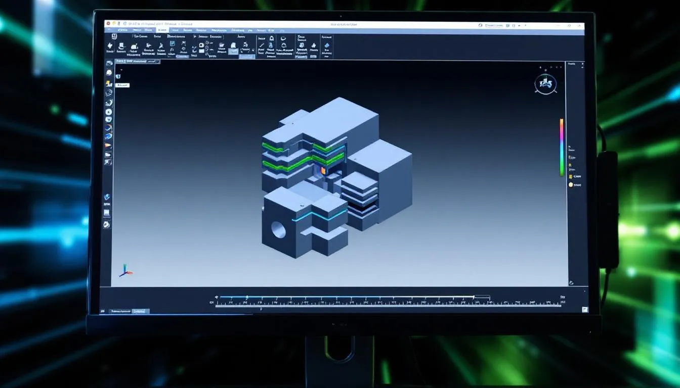 The image displays an advanced CAM software interface showcasing a complex five-axis toolpath simulation, illustrating how CNC machines can manipulate cutting tools along multiple axes simultaneously to create intricate parts like turbine blades. The interface highlights the advanced capabilities of five-axis machining, emphasizing optimal angles and high precision in producing complex geometries with fewer setups.