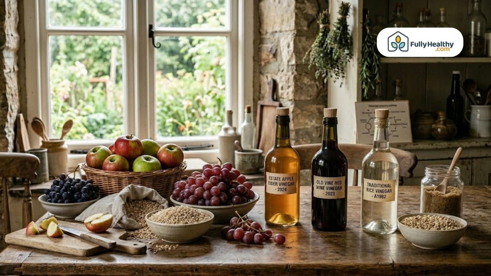 Assorted vinegars with apples, grapes, and grains arranged on kitchen table