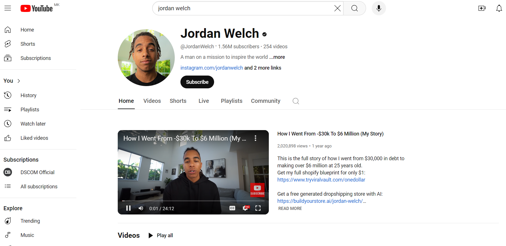 jordan welch youtube profile