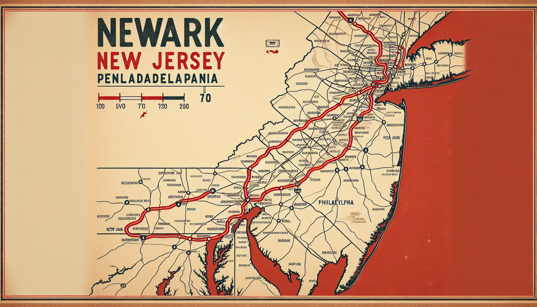 Map showing the driving distance from Newark to Philadelphia